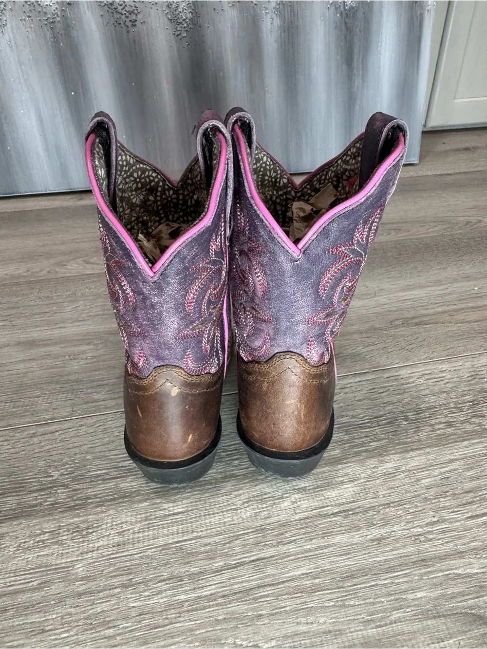 Childrens Pink-Trim Brown Patterned Western Boots